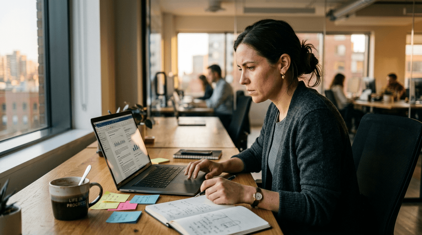 A focused professional reviewing content on a laptop in a warmly lit office, illustrating the quiet, daily work of building lasting AI skills