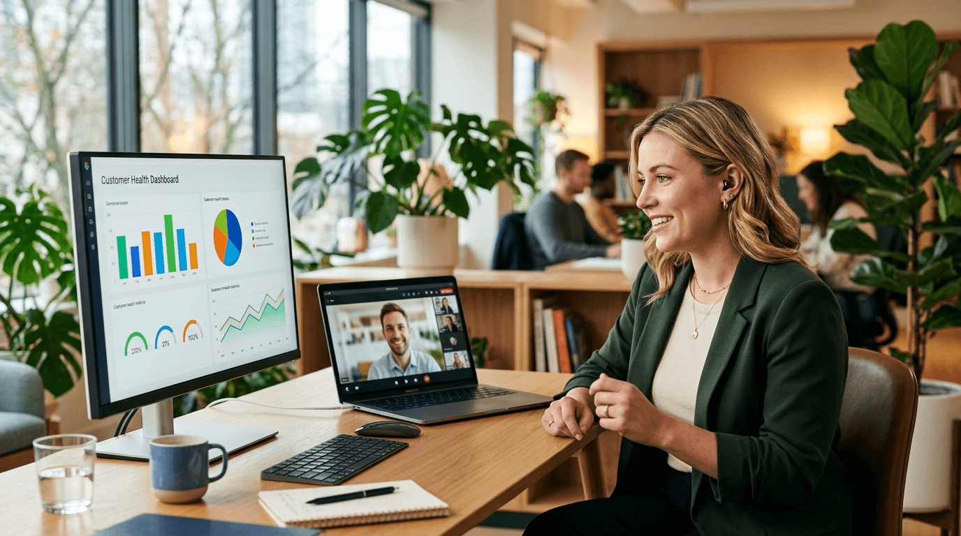 Customer success manager on a video call with a client, laptop and dashboard monitor visible in a modern office with warm lighting