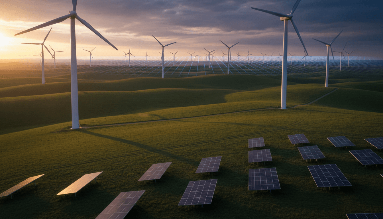 Modern wind farm and solar panels at golden hour with smart grid digital overlay representing AI in energy