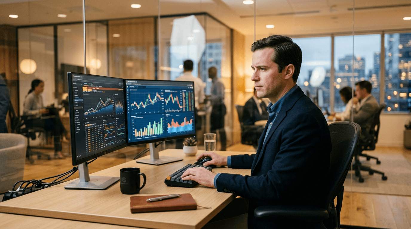 Finance professional working at a desk with dual monitors showing financial dashboards in a modern corporate office