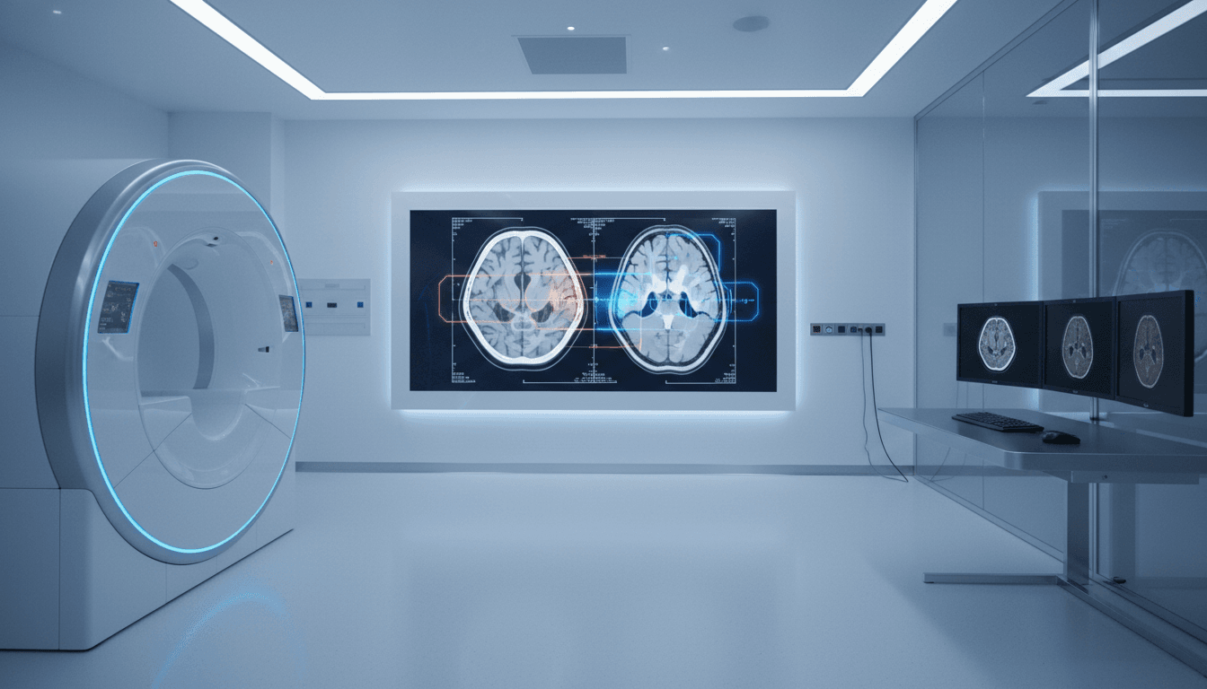 Healthcare professionals reviewing AI-powered diagnostic tools on screens in a modern hospital setting