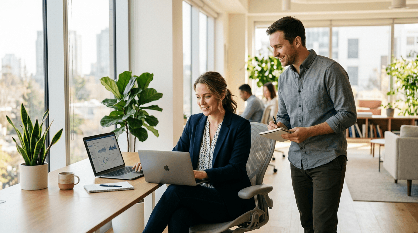 HR professional reviewing employee data on a laptop in a modern office with natural lighting and minimalist decor