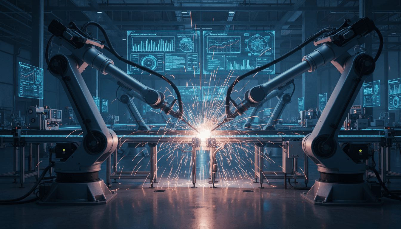 Modern smart factory floor with robotic arms and digital displays showing AI analytics alongside workers in safety gear