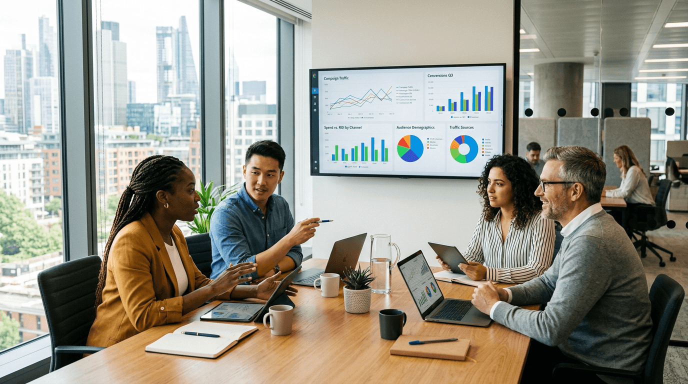 Marketing professionals reviewing AI-powered campaign analytics on large screens in a modern office with natural daylight