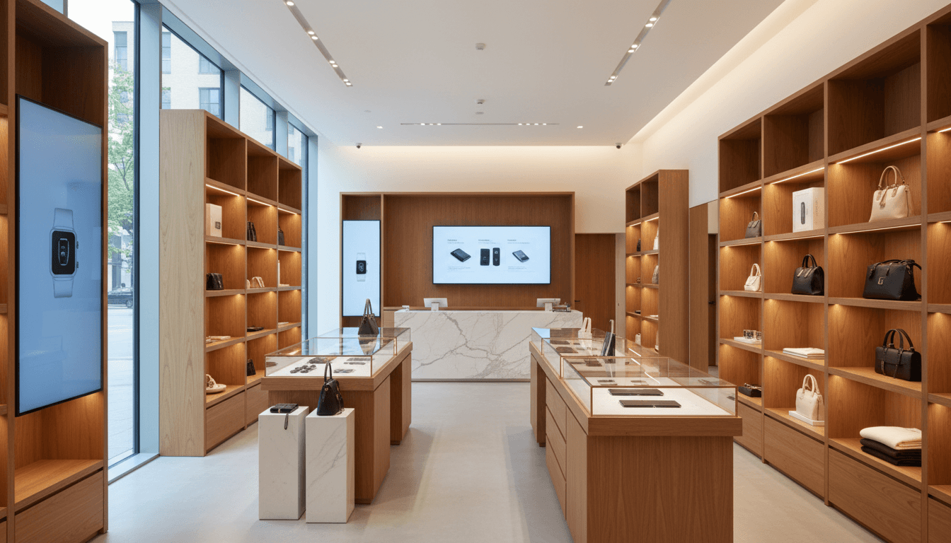 Modern retail store interior with digital displays and AI-powered technology integrated into the shopping experience