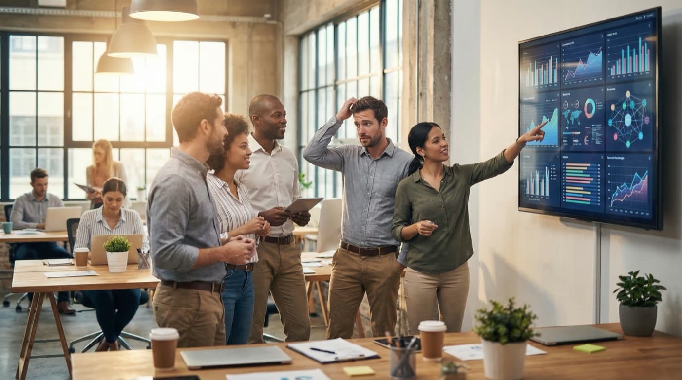 Office workers reviewing documents on screens with some content highlighted in red, indicating low-quality AI-generated work that needs correction