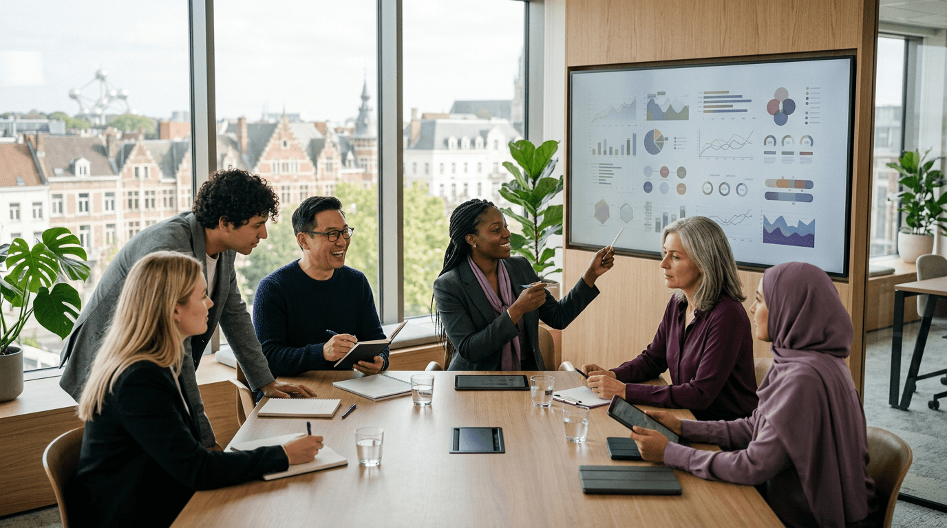 Diverse team of European professionals reviewing AI training materials on a large display in a sunlit office, reflecting EU AI Act Article 4 workforce literacy obligations