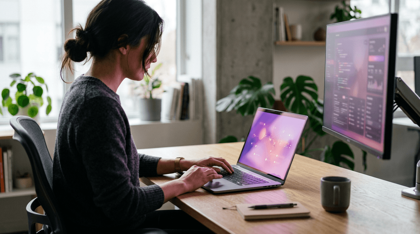 Knowledge worker at a laptop in a softly lit office, the screen glowing with a warm purple-pink light suggesting AI tools in use