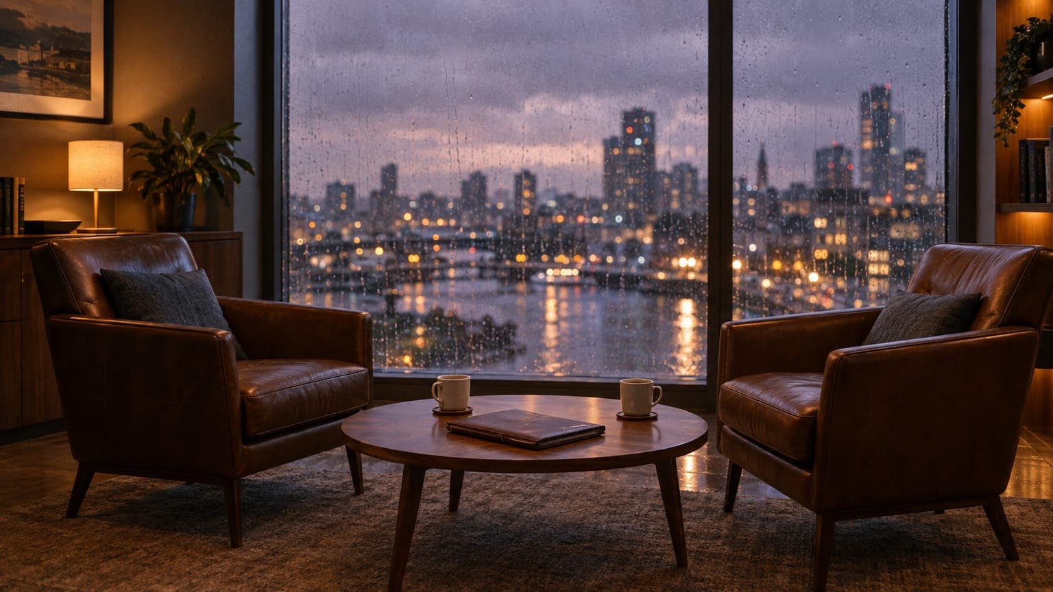 Two leather armchairs facing each other across a low table with a closed portfolio folder and two coffee cups, rain on the window behind: the client conversation that stays human in financial advice