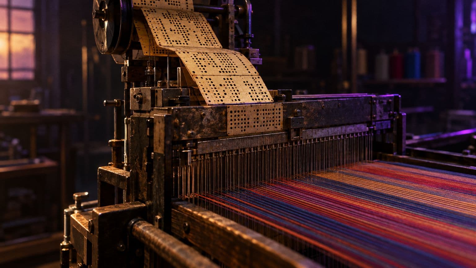 A chain of punched cards feeds a Jacquard loom above taut colored threads, the nineteenth-century ancestor of programmed machines, lit warm against violet shadow